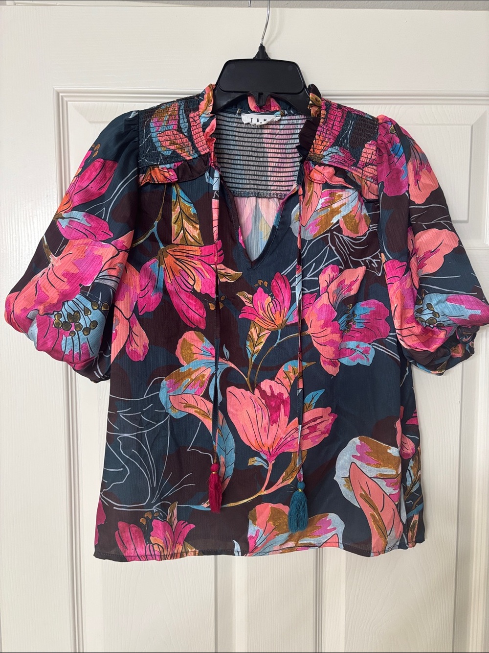 THML Floral Tie-Neck Puff Sleeve Blouse - Pink Multi Ruffle Small